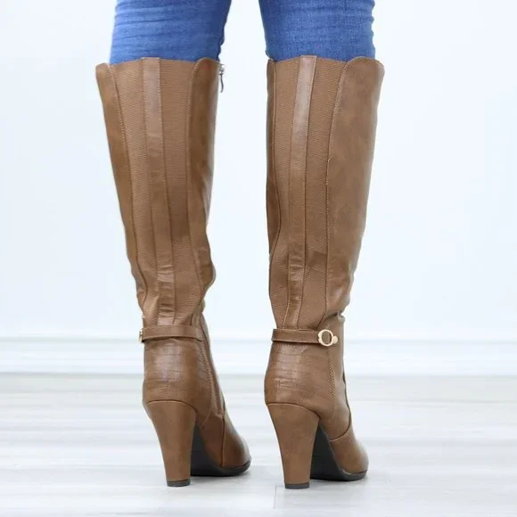 Tan Below The Knee Faux Leather Boots Round Toe Classy Cone Heeled - Picture 7 of 14